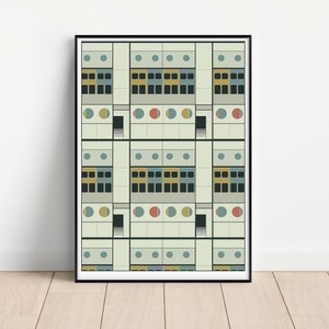 Può includere: Una stampa incorniciata di un design geometrico con un motivo ripetitivo di finestre, porte e cerchi in tonalità di blu, verde, giallo, rosso e bianco.