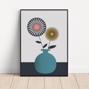 Petrolblaue Vase Illustration - Ungerahmter Druck - Floral - A5 bis A0 Größen