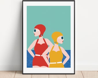 Lido Style Illustration - Unframed Print - Swimmers - Vintage Style - A5 to A0 sizes