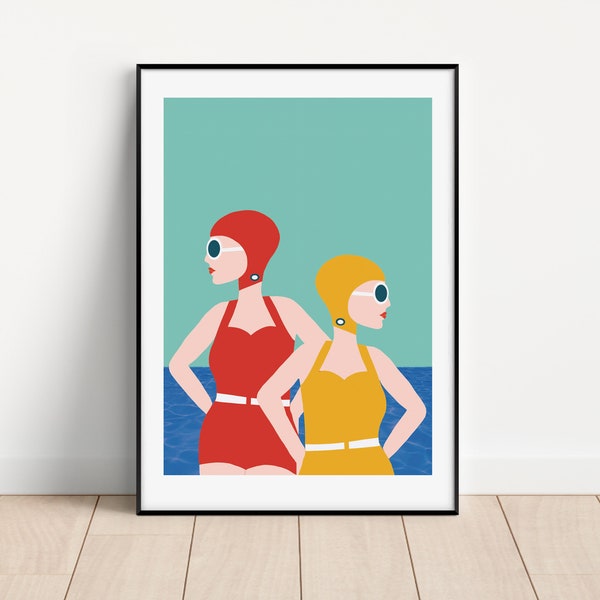 Lido Style Illustration - Unframed Print - Swimmers - Vintage Style - A5 to A0 sizes
