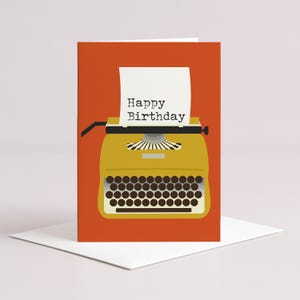 Yellow Typewriter Retro Birthday Card - A6 Size - Mid Century Modern Design - #058