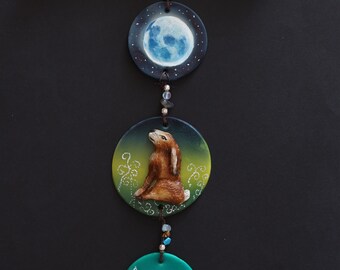 3D Moon Gazing Hare Wall Hanging, Decorative, Mystical