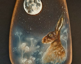 Moon Gazing Hare Wooden Plaque, Hare Art, Cottagecore, Wall Art, Country Cottage Decor, Home Decoration, Handmade, Unique