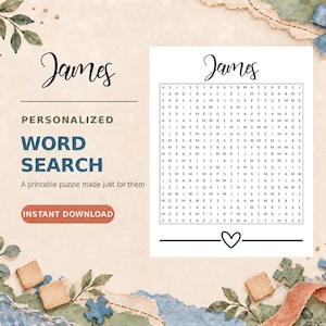 Ricerca di parole con il nome James - Stampabile / Attività personalizzabile per feste di compleanno / Puzzle regalo per bambini / Soluzioni incluse