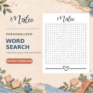 Ricerca di parole con il nome Mateo - Stampabile / Attività personalizzabile per feste di compleanno / Puzzle regalo per bambini / Soluzioni incluse