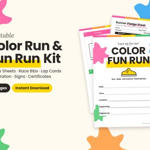 Può includere: Un kit stampabile per Color Run e Fun Run composto da 13 pagine di fogli di impegno, pettorali, schede per i giri, moduli di registrazione, cartelli e certificati con grafiche colorate, un'icona di scarpa e del testo.