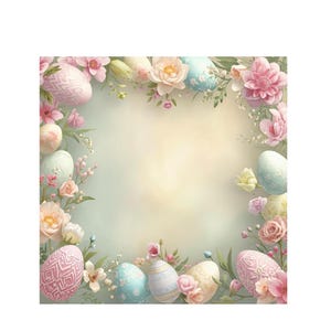 Könnte beinhalten: Eine Illustration zum Thema Ostern mit einem Rand aus pastellfarbenen Eiern und Blumen. Die Eier sind mit verschiedenen Mustern und Farben verziert, darunter Rosa, Blau und Weiß. Die Blumen umfassen rosa Rosen und andere Blüten, wodurch eine weiche, frühlingshafte Ästhetik entsteht.