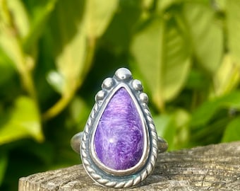 Adjustable size signature style Charoite sterling silver ring