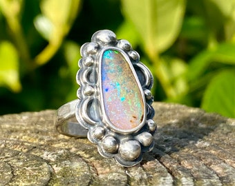 Floral embellished Australian Boulder opal sterling silver ring