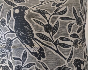 Australian Black Cockatoo linen cushion cover. Hand Screened.
