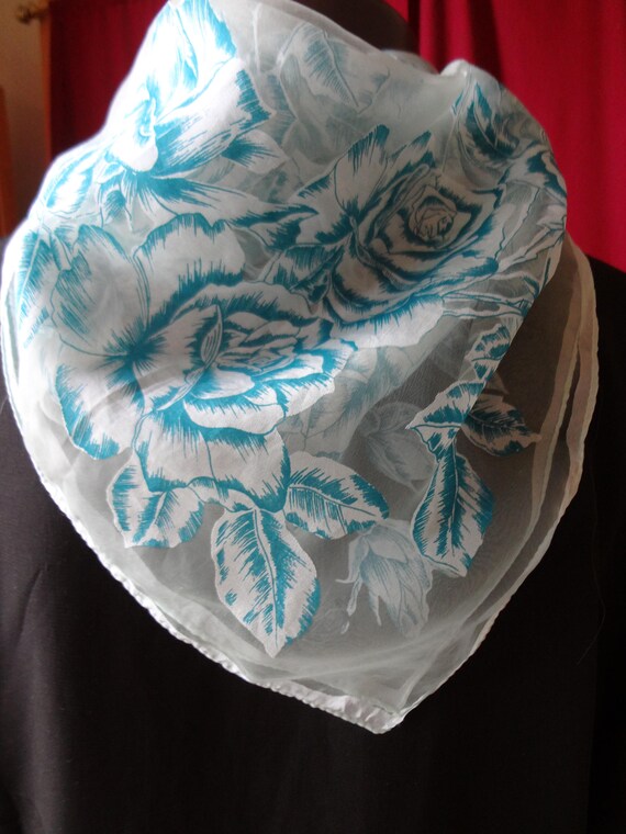 Lovely Blue Floral Chiffon Scarf Vintage" - image 2