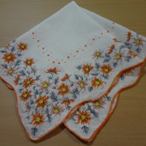 Vintage Cotton Hankie White with Orange, Gray, Peach and Yellow Flowers image 2