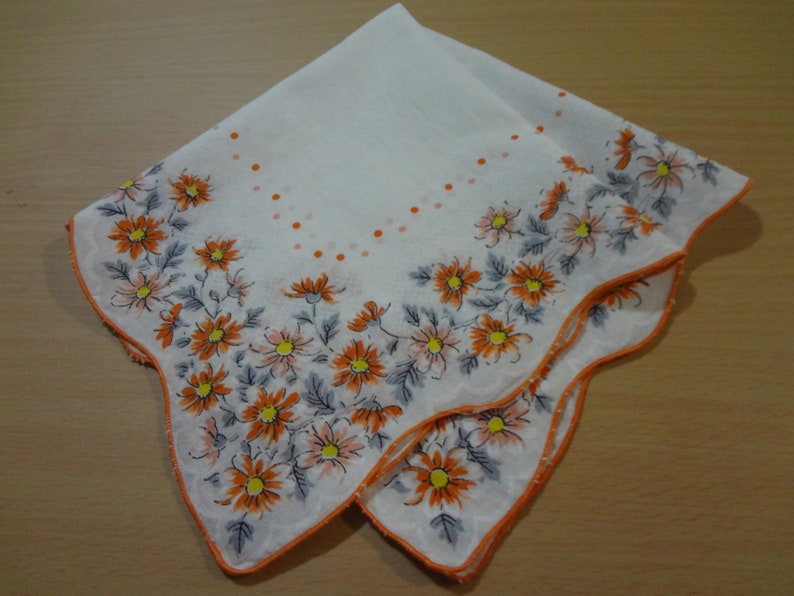 Vintage Cotton Hankie White with Orange, Gray, Peach and Yellow Flowers image 2