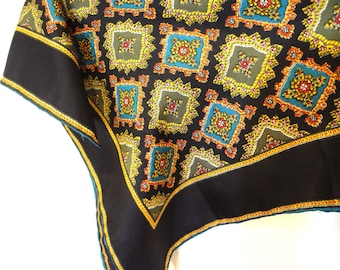 Vintage Silk Paisley Scarf in Black with Colorful Print and Blue Hand Rolled Edges