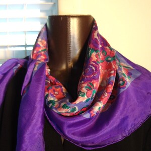 Scarf Silk Vintage 80s Purple Floral with Pink and Green