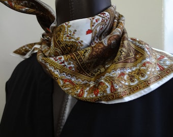Vintage Paisley Scarf Acetate with Brown, White, Red, Chocolate Brown and Golden Colors