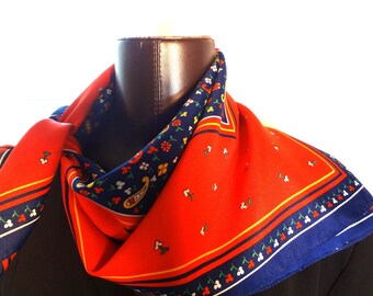Vintage Red Polyester Paisley Scarf with Navy Blue, Yellow , White and Green