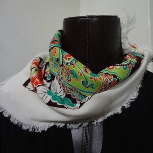 Vintage Mid-Century Scarf in a Paisley with White, Green, Brownish Orange and Black