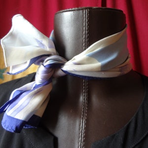 Vintage Purple Silk Scarf with Floral and Leaf Patterns with Soft Blue and White