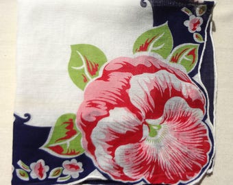 Vintage Navy, White and Pink Floral Hankie Mid-Century