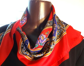 Vintage Red Floral Paisley Scarf with Purple, Teal Blue, Orange and Green in a Silk Blend fabric