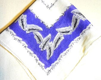 Vintage Cotton White Hankie with Purple and Leaves