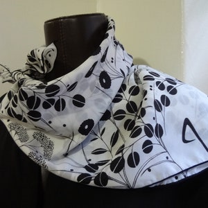 Scarf by Zen in White and Black Nylon with a Floral Herb Pattern