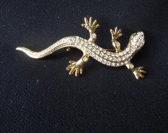 Roman Lizard Brooch Goldtone Pin with Sparkling Rhinestones