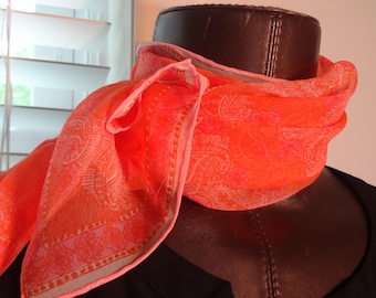 Vera Silk Oblong Scarf with a Ladybug Pink Sheer with Orange Paisley Hand Rolled Edges, Vera Neumann Scarf