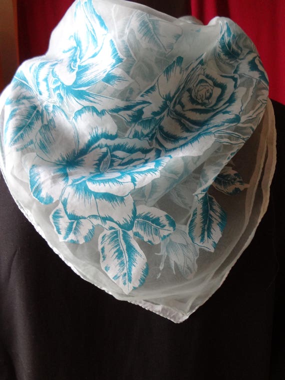 Lovely Blue Floral Chiffon Scarf Vintage" - image 5