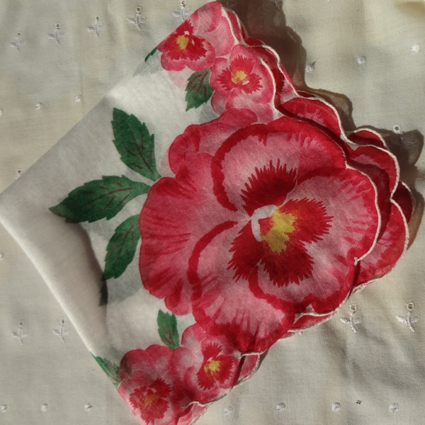 Cotton Handkerchief with Red Pansies