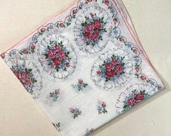 Vintage Cotton White Hankie with Pink Roses and Blue Flowers