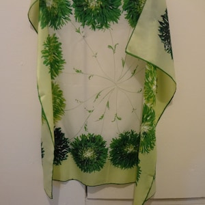 Lovely Green Floral Mid-Century Scarf in an Acetate fabric with a White Background