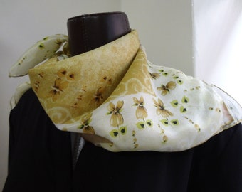 Vintage Rayon Scarf, 60s Floral Print, Moss Green & Brown