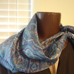 Vintage Paisley Scarf Acetate with Various Shades of Teal Blue, Light Blue, Dark Blue with Brown and White