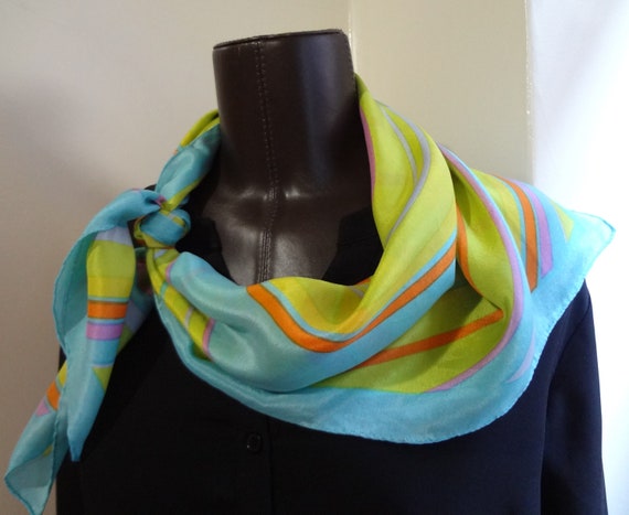 Vintage Silk Scarf by In Soft Blue with Yellow, B… - image 1