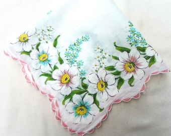 Vintage White Cotton Handkerchief with Flowers and Scalloped Edges