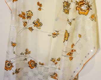 1960s Floral Rayon Silk Scarf, Pale Yellow & Orange, Hand Rolled Edges