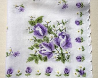 Vintage Linen White Hankie with Purple Flowers