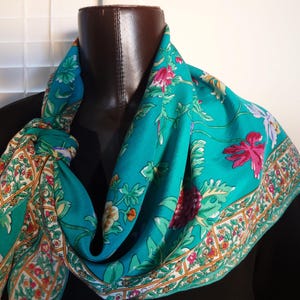 Vintage  Green Silk Scarf with a Lovely Burst of Flowers