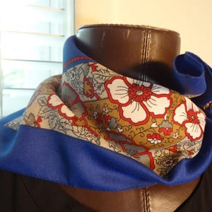 Italian Late 50s Scarf Navy with Red, Gray, Brown and White Floral in Polyester Made in Italy