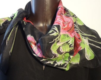 Vintage Silk Scarf 1950's Black with Roses in Red with Pink