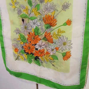 Silk Oblong Scarf Mid-Century White and Green with Flowers