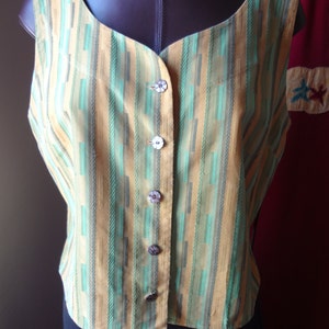 Sleeveless Blouse 50&#39;s Linen Blend Mustard Yellow and Three Shades of Green