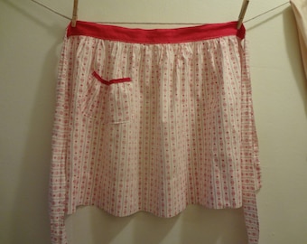 Mid-Century Apron in Red and White Cotton in a Small Floral Pattern