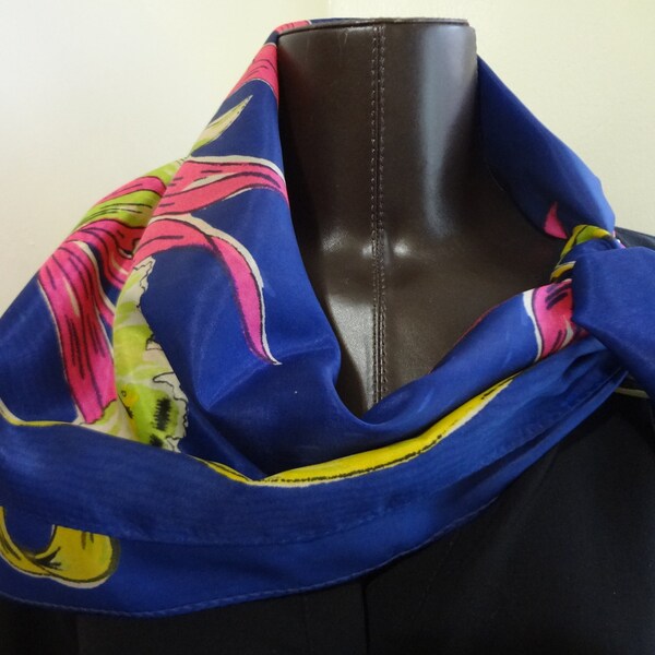 Mid-Century Blue Scarf with Bright Yellow Border and Pink, Yellow and Green Floral Pattern