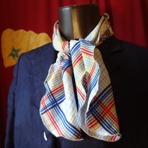 Scarf 70's White Polyester Vintage with Blue, Red, Golden and Gray Stripes