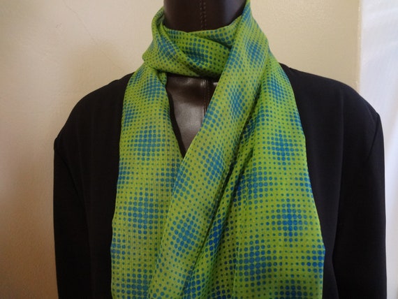 Scarf 1970's Oblong Green and Blue with Blue Polk… - image 1