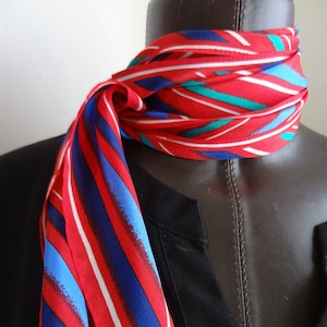 Vera Neumann Scarf In Silk Red, White and Navy Blue  with Turquoise and Green Stripes