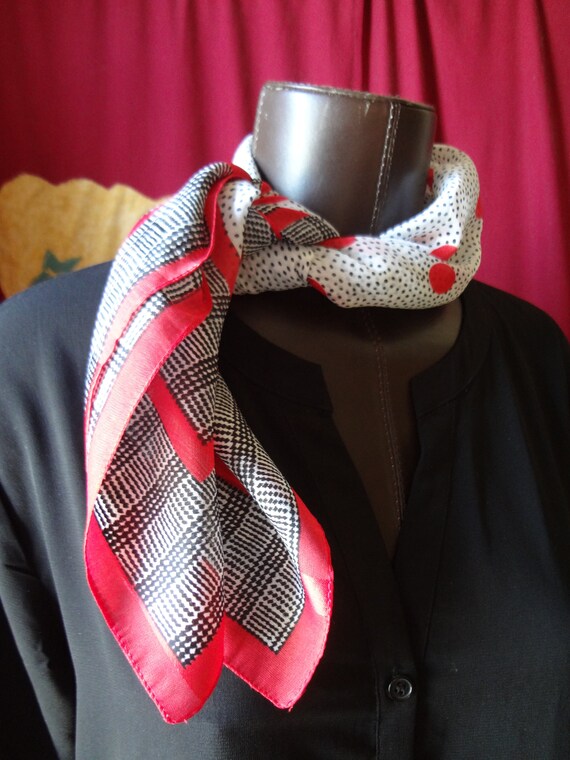 Vintage Scarf Red, White and Black Italian Polyes… - image 1